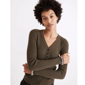 Madewell Cashmere Blend Ruffle-Cuff Henley Ribbed Slim Fit Sweater Size S Olive